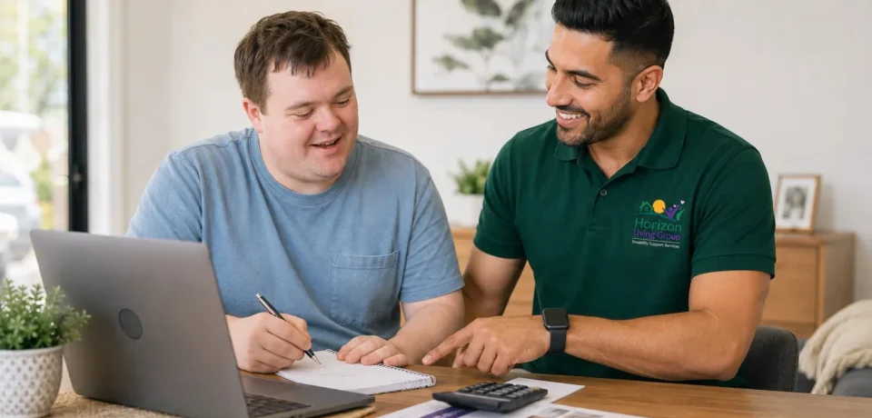 Disability support worker helping a person develop daily living skills using a laptop