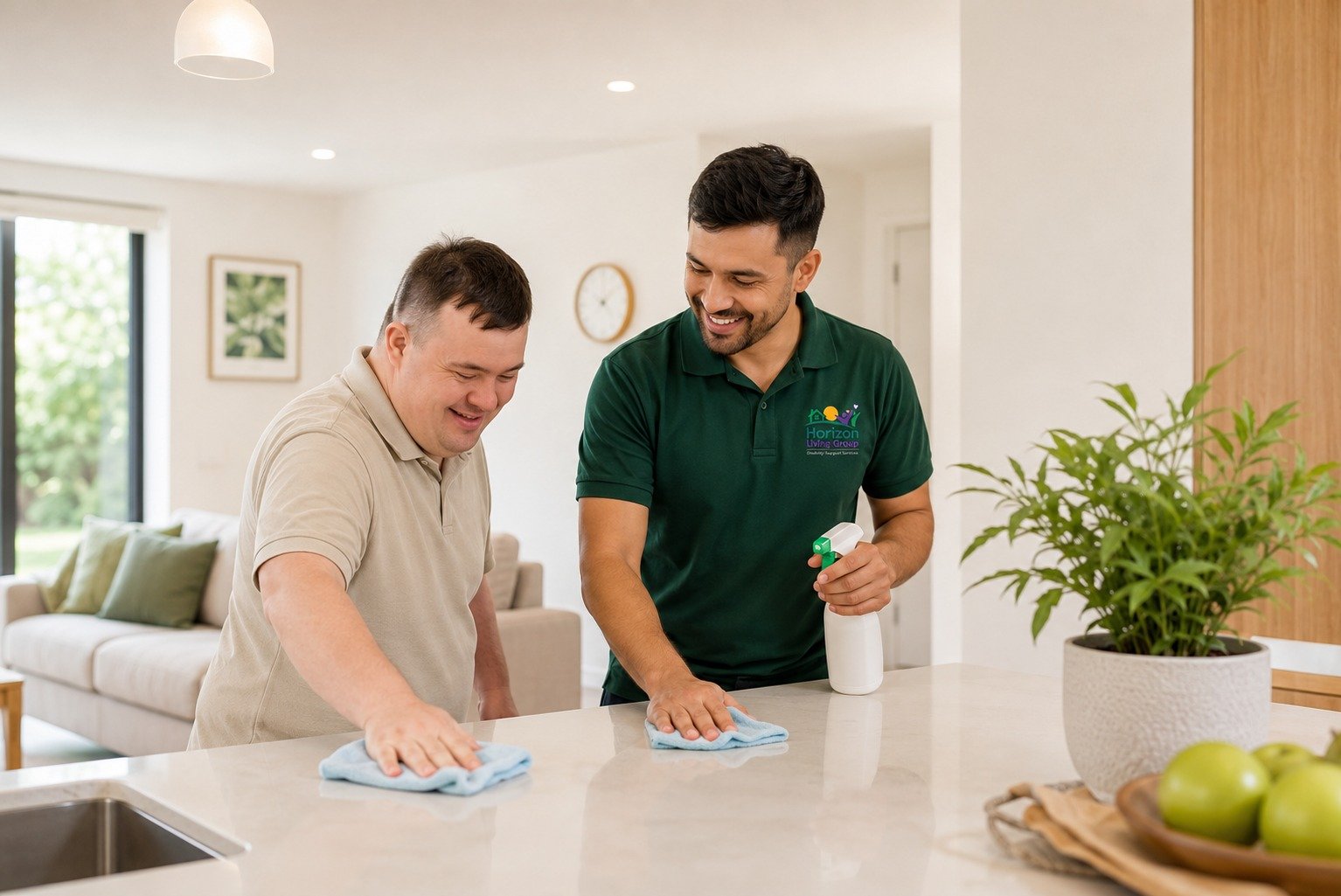Disability support worker assisting with household cleaning in Perth