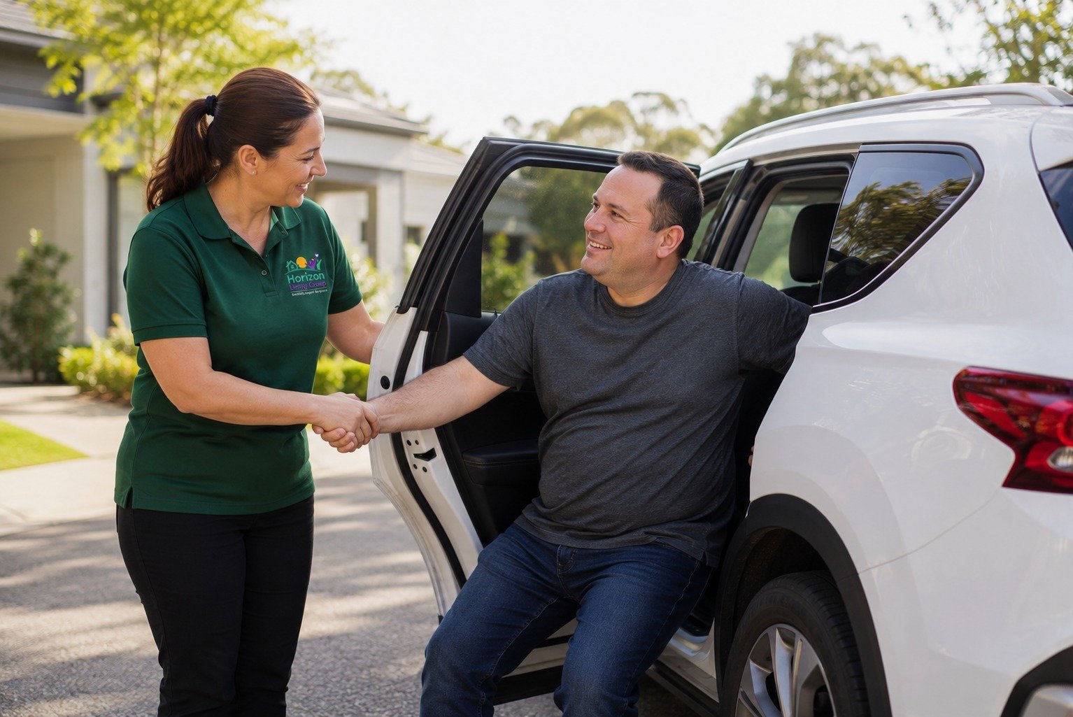 NDIS support worker assisting participant with accessible transport in Perth