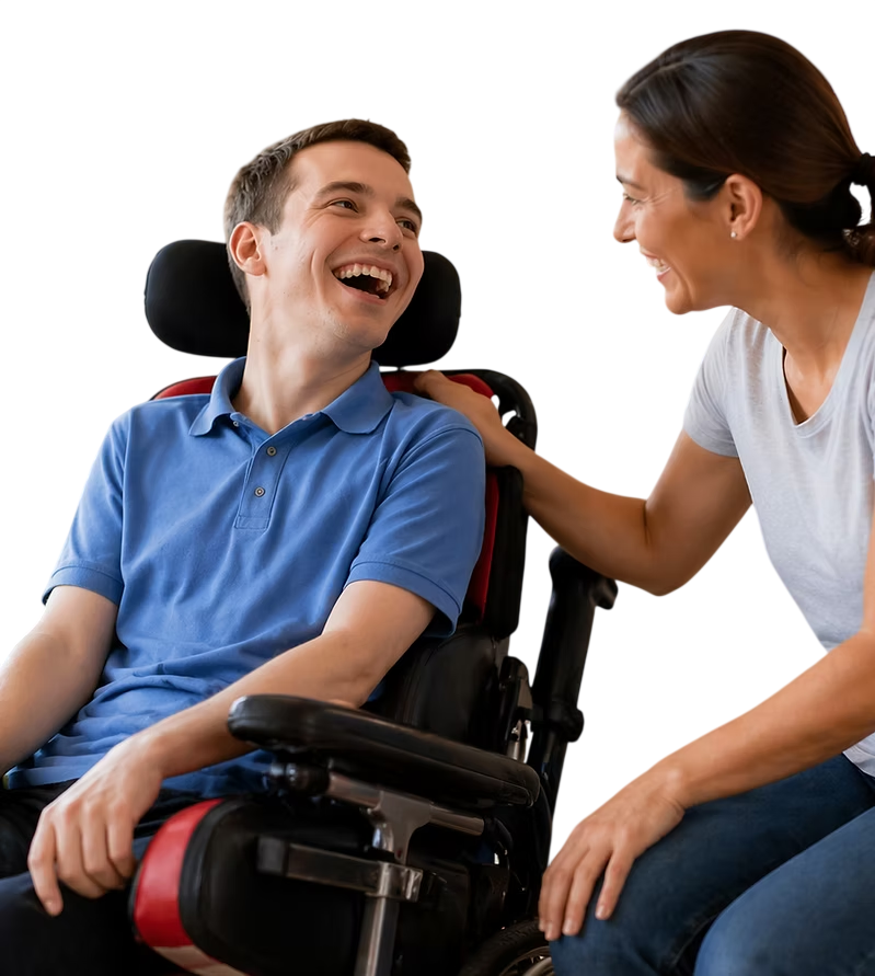 Disability support worker assisting a participant using a wheelchair