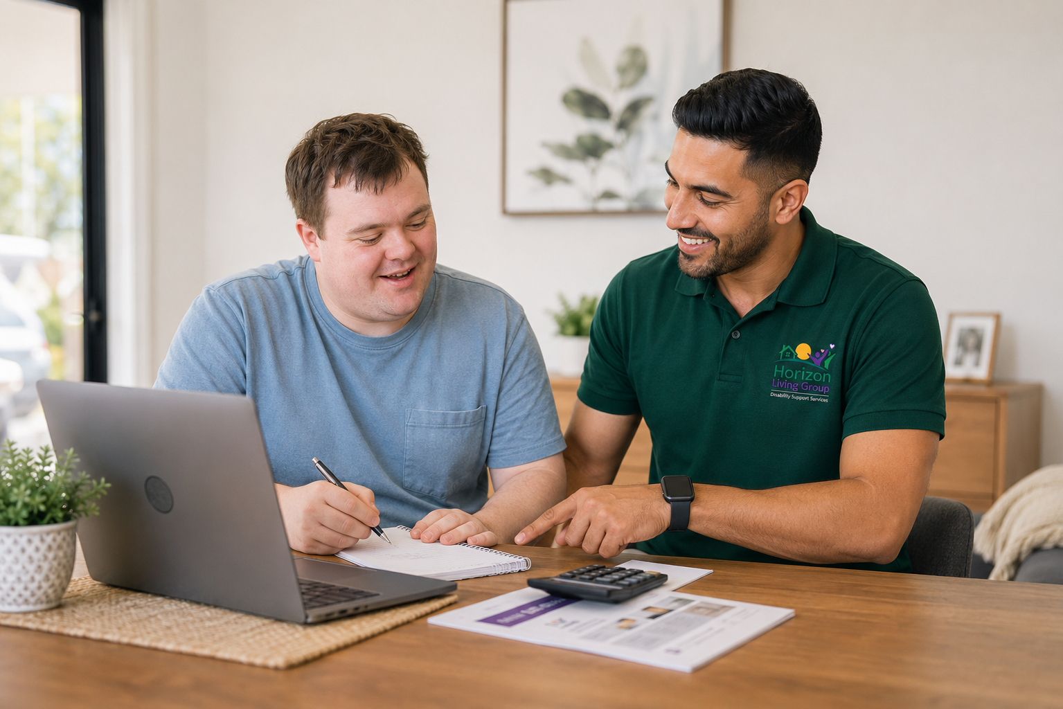 Development of Daily Living Skills Disability support worker helping a person develop daily living skills using a laptop