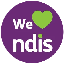 We Love NDIS logo with a green heart on a purple circle