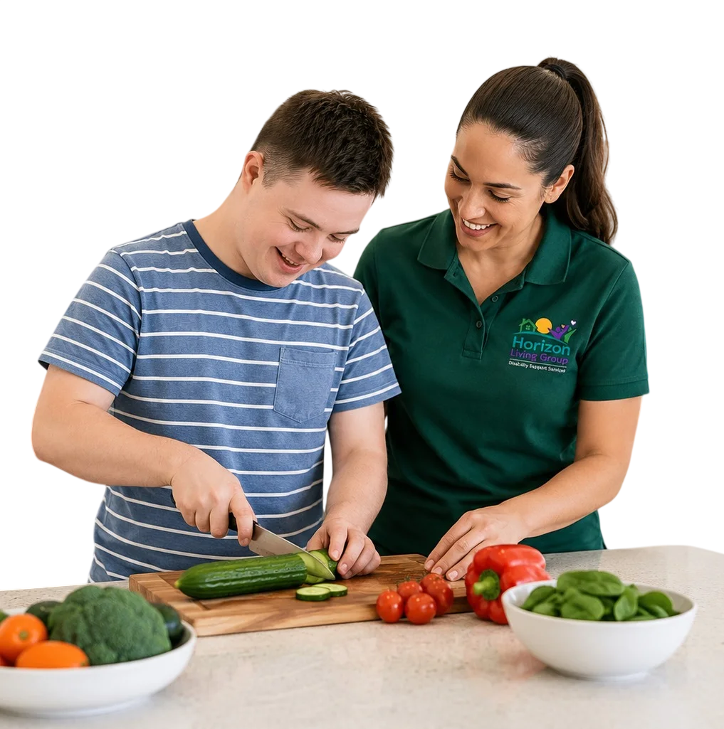 Disability support worker assisting a person with meal preparation at home