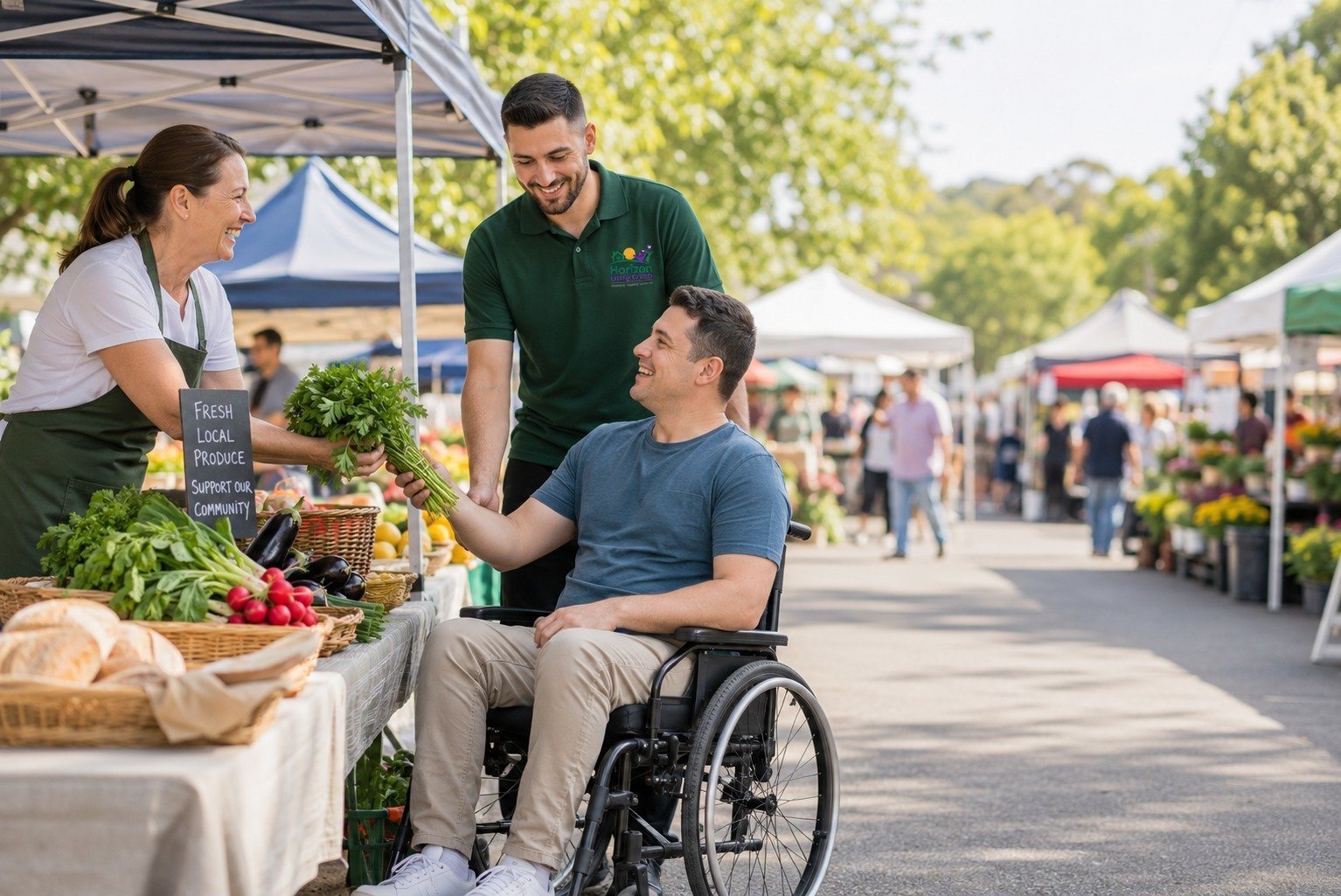 NDIS support worker assisting a participant at a local community market