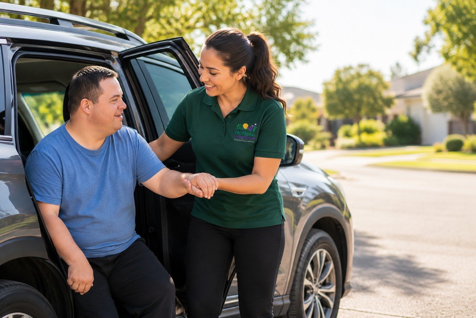 NDIS support worker assisting a participant while getting into a vehicle