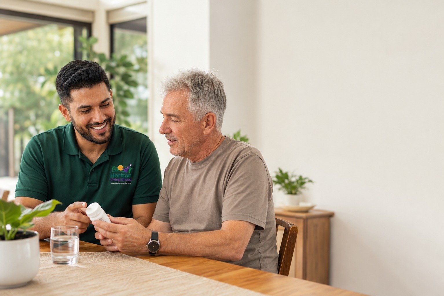 NDIS support worker assisting a participant with medication management at home