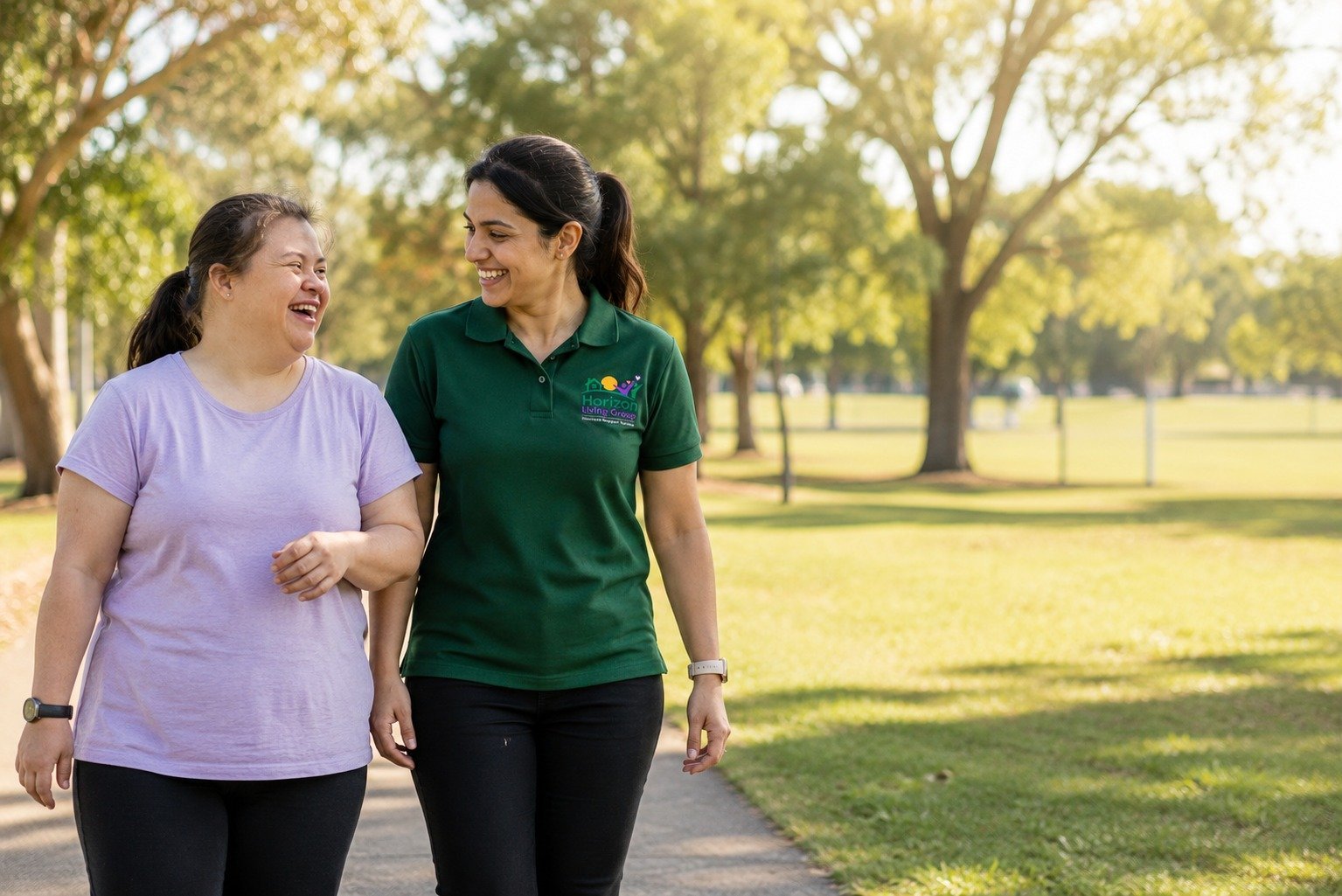 Horizon Living Group support worker walking with a participant in a park