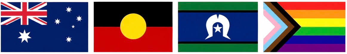 Australian, Aboriginal and Torres Strait Islander flags alongside the Progress Pride flag