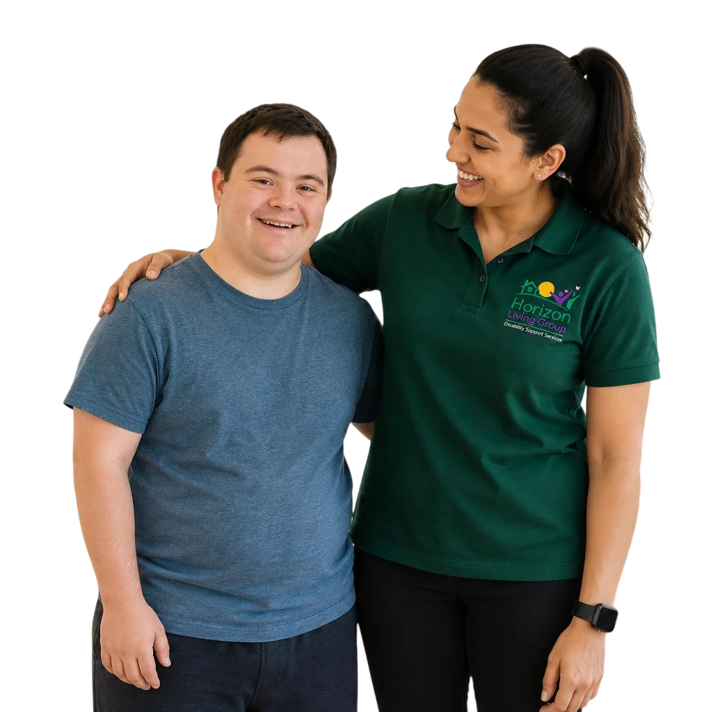 Horizon Living Group support worker standing beside a participant