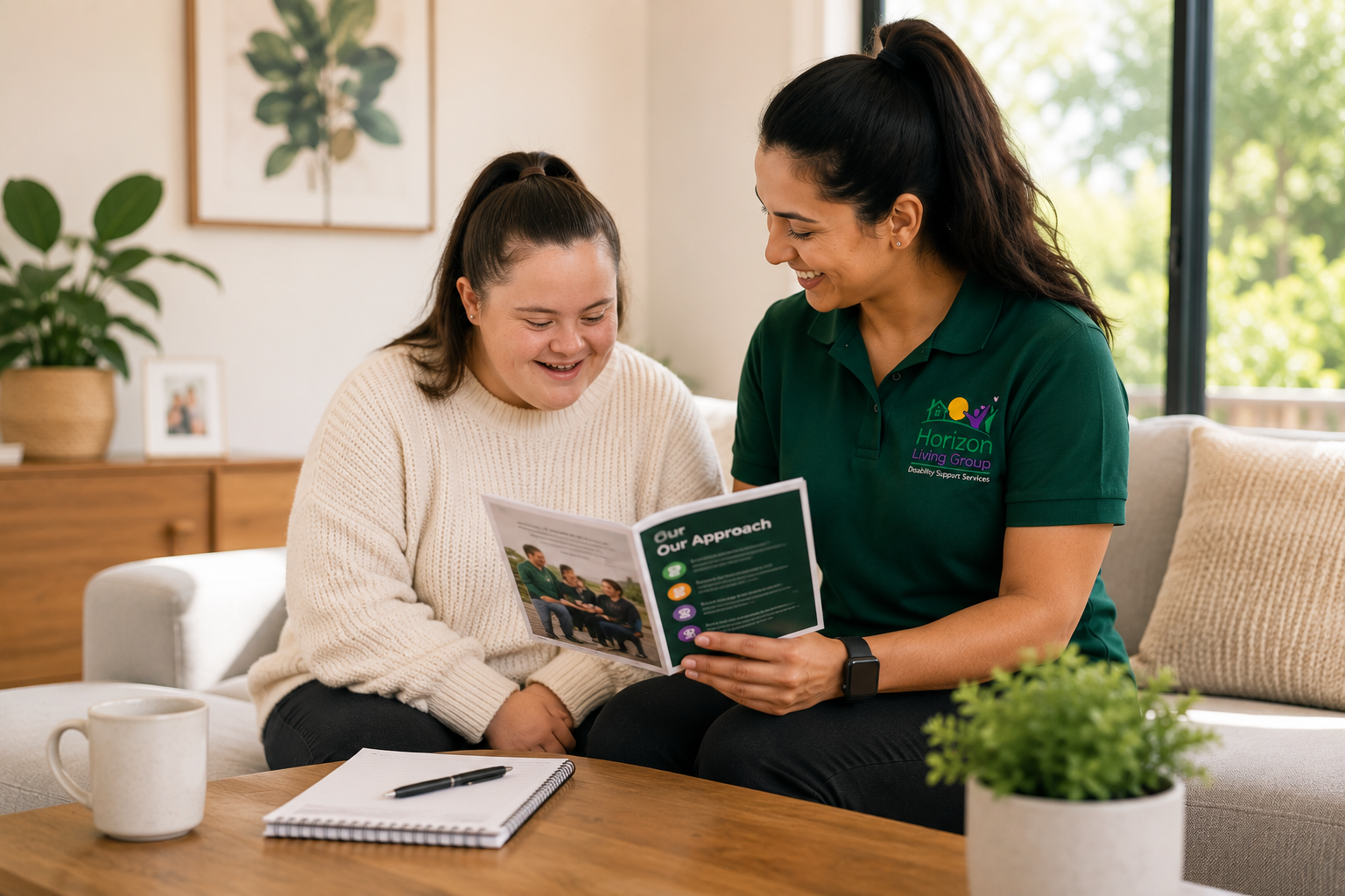 Horizon Living Group support worker discussing support options with a participant at home