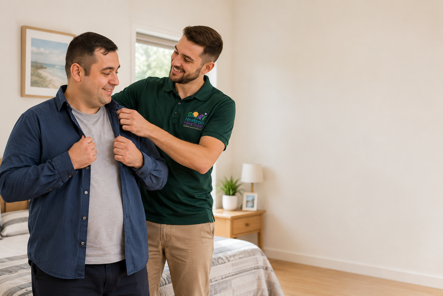 Horizon Living Group support worker assisting a participant with dressing at home
