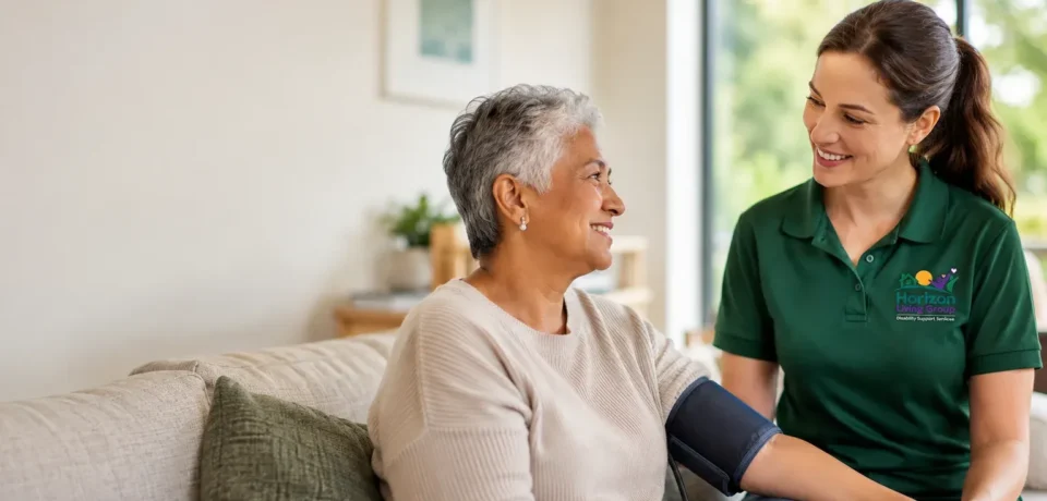 Horizon Living Group support worker assisting an older woman at home