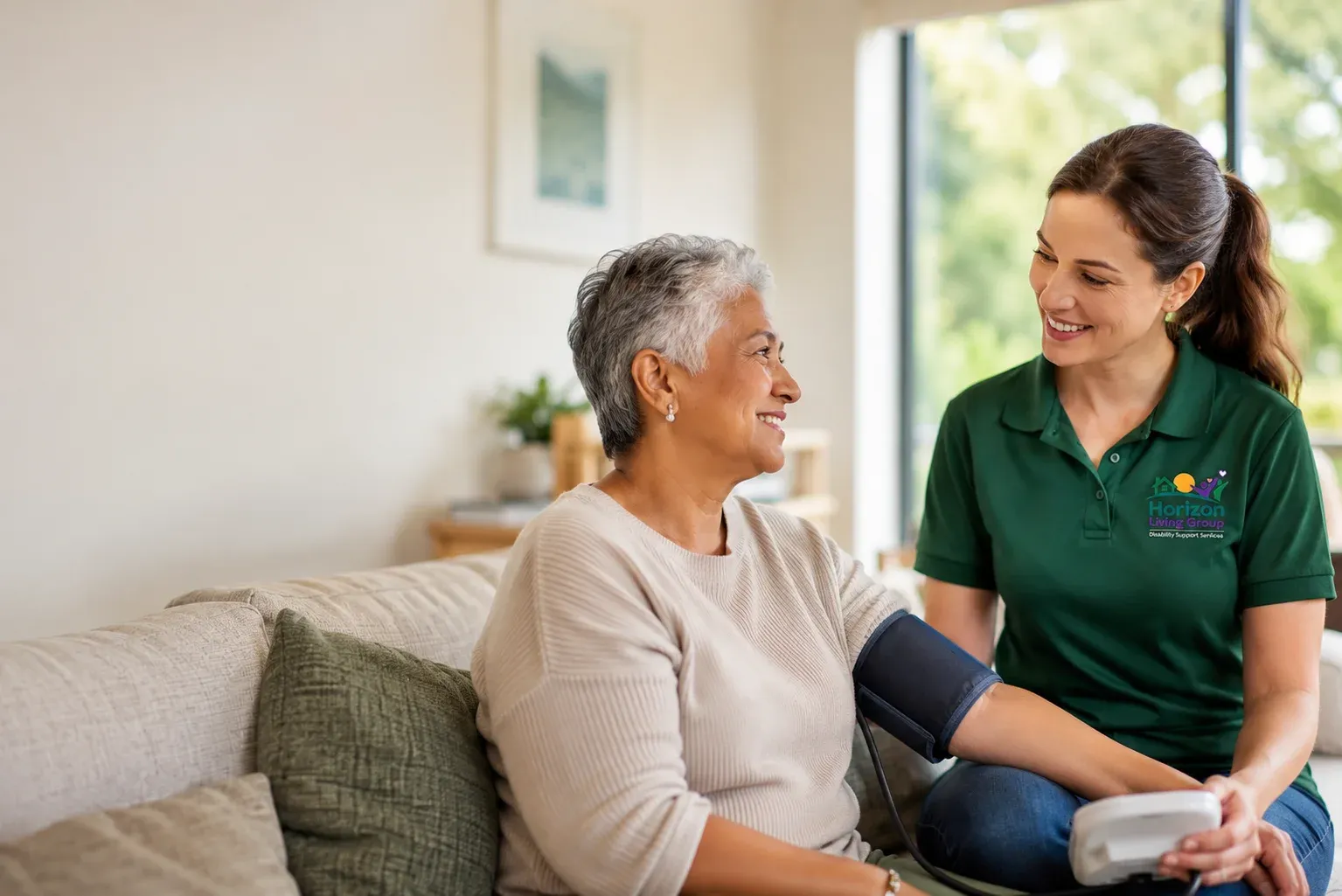 Horizon Living Group support worker assisting an older woman at home
